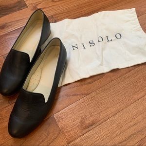 NISOLO black leather smoking flat slip on shoe